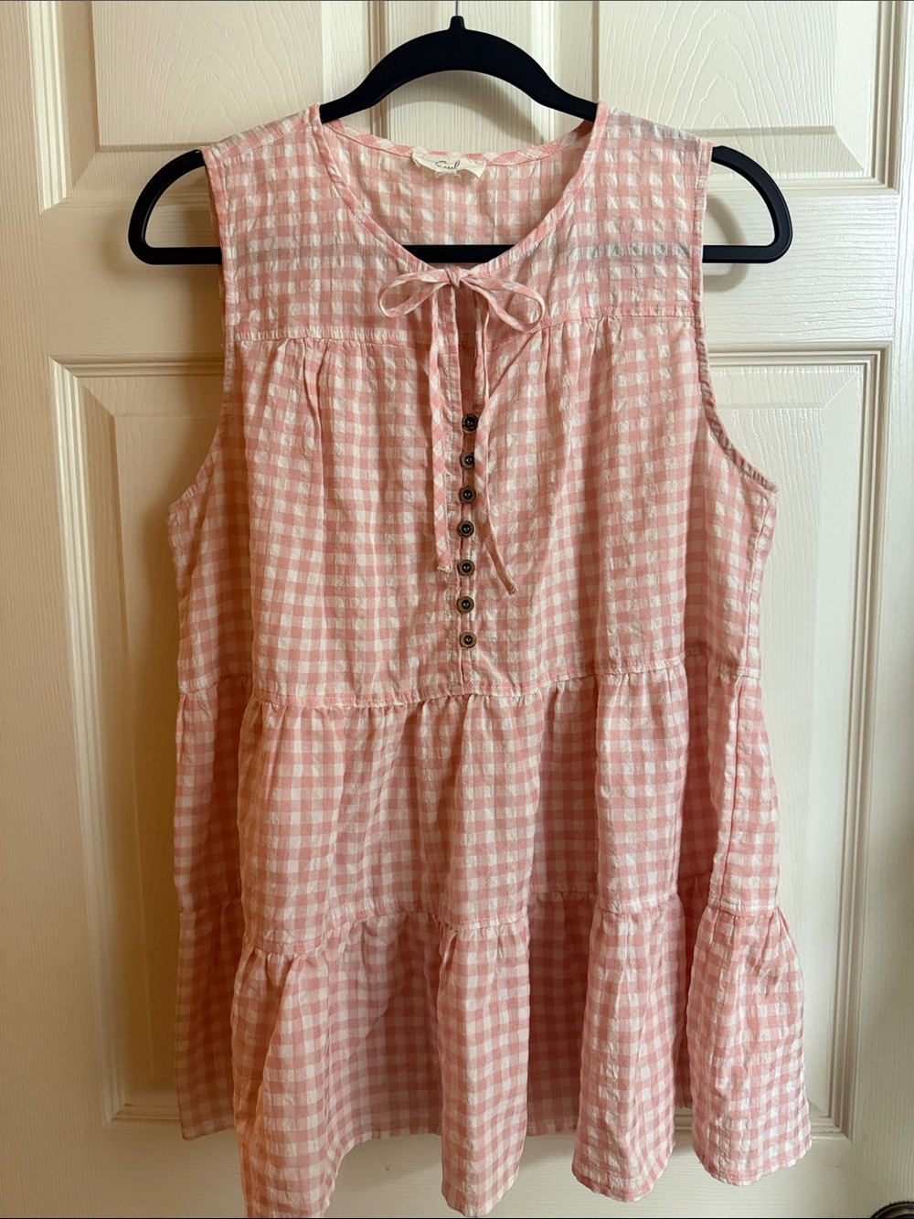 Easel Pale Pink & White Gingham Tiered Sleeveless Top with Button Placket